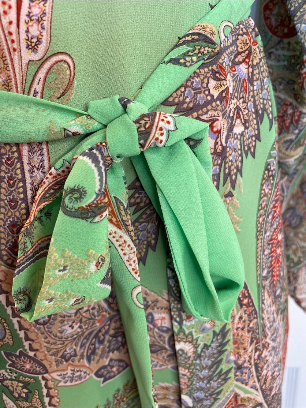 UMGEE GREEN PAISLEY LONG SLEEVE BELTED SHIFT DATE NIGHT VACATION DRESS SZ M - Picture 7 of 14